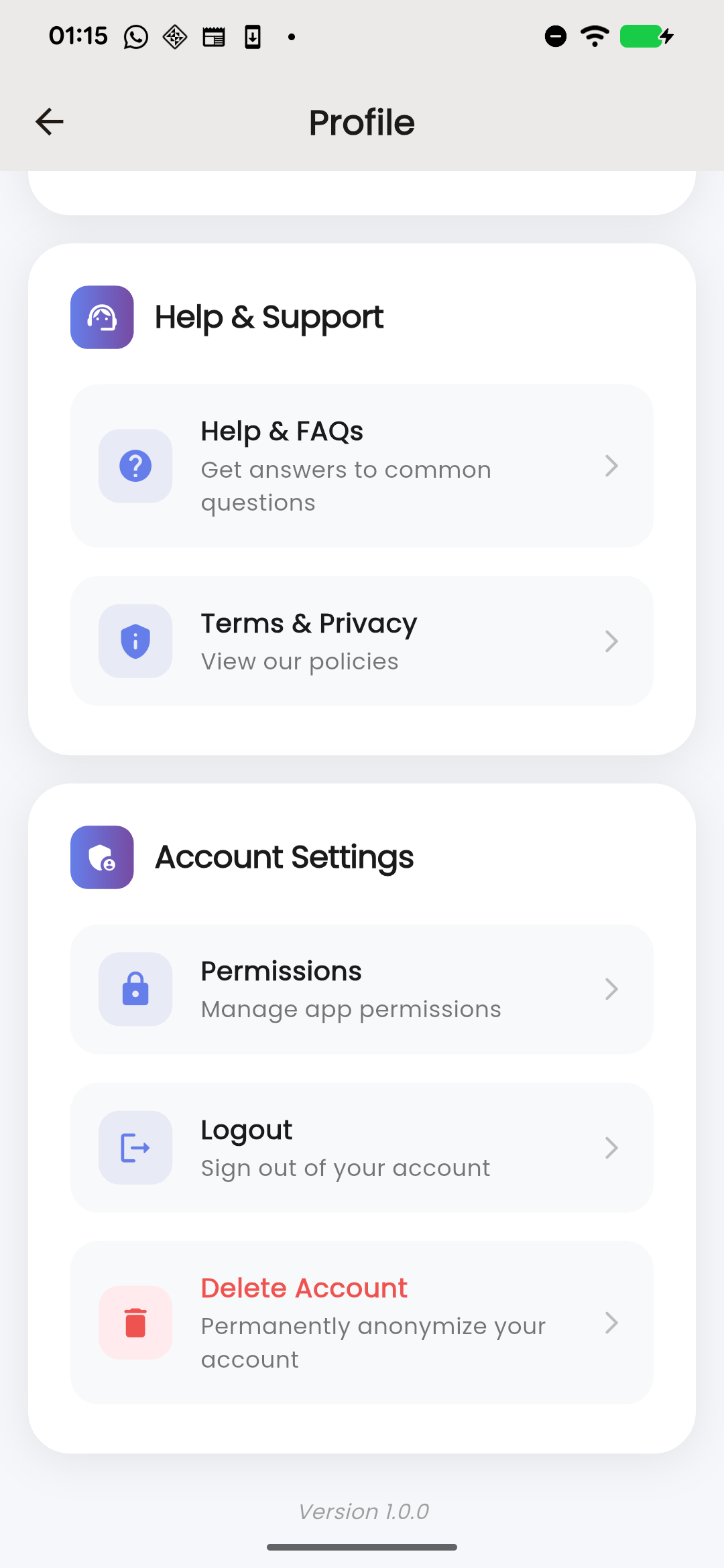 Profile and Settings Screen